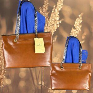 Patricia Nash Cognac Leather Zip Close Shoulder Strap Faux Suede Lining Tote Bag